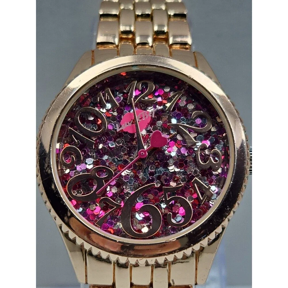 Womens Luv Betsey Johnson Pink Glitter Confetti Rose Gold 36mm Watch New Battery